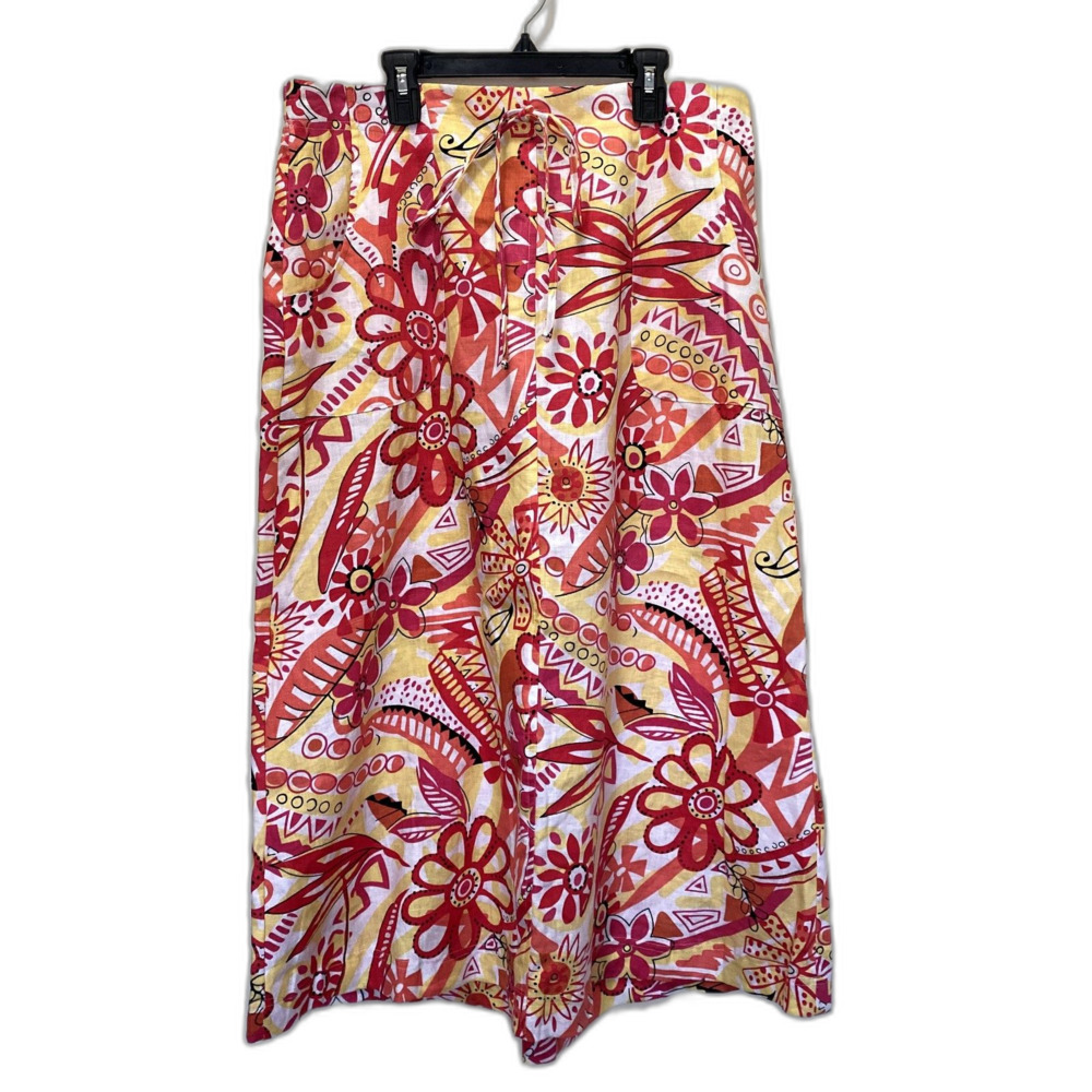 Choices Y2K 100% Linen Midi Skirt Pink Yellow Floral Lagenlook Size Large‎